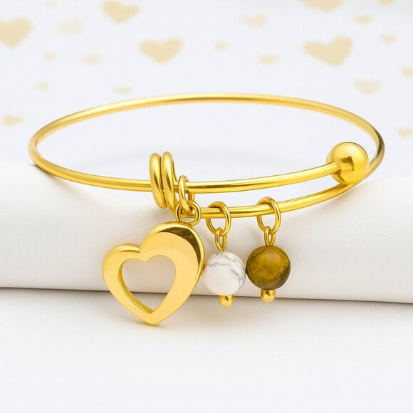 🆕️ 18K Gold Plated LARGE Boho Bangle with Heart Tiger's Eye Magnesite Charms - Picture 1 of 10